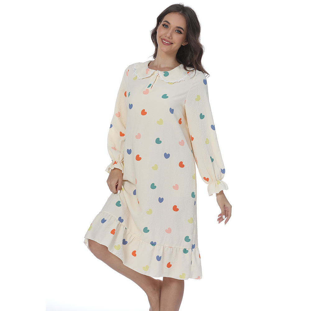 B756-Women's pajamas spring and autumn new long sleeves sweet ruffles colorful love round neck outer wear home clothes nightdress