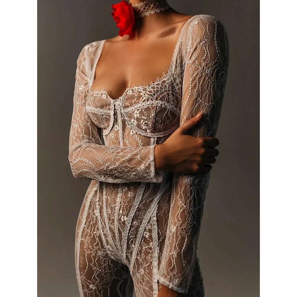 Sibybo Long Sleeve Lace Jumpsuits Basics Square Collar Skinny Leggings Casual Solid Color Taped Rompers Fall Women Clothing KLMY