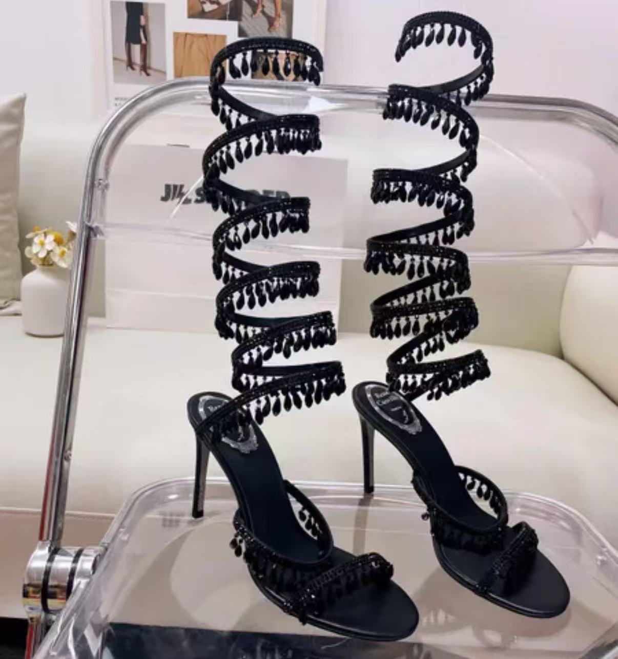 Square crystal pendant Lamp Ornament fine Heels sandals 100mm Evening shoes women high heeled Luxury Designers Wraparound Dress shoe factory footwear34-43 With bag