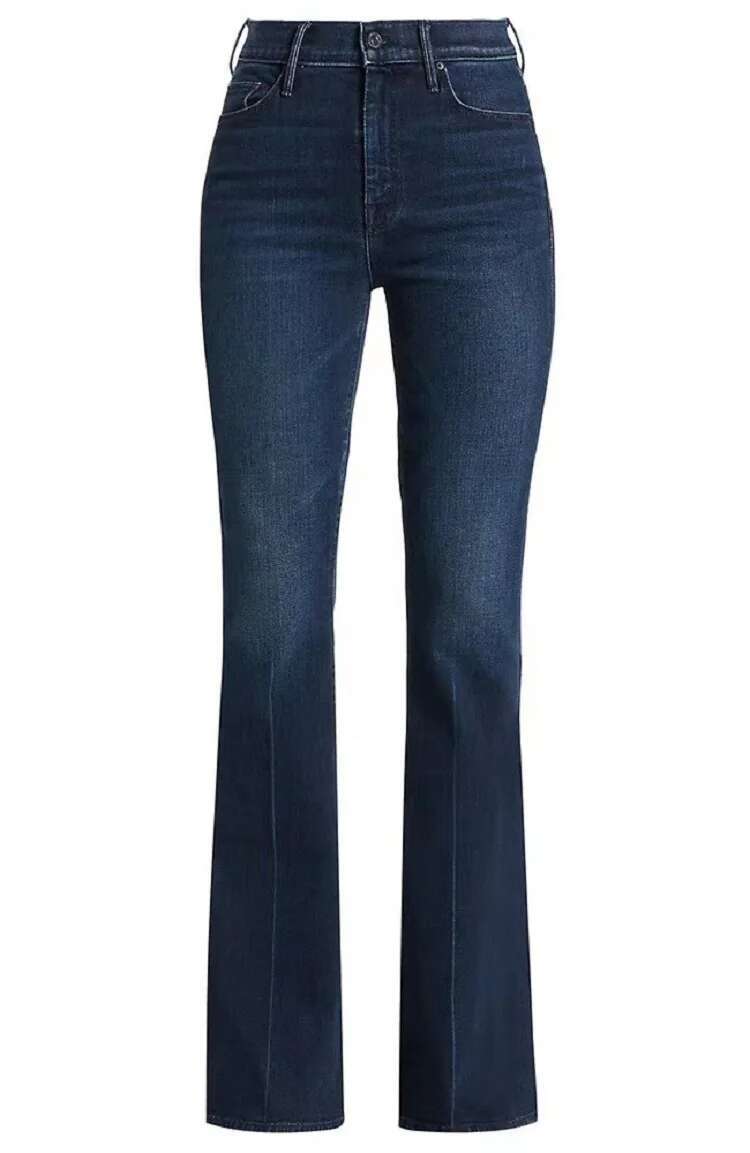 2024 Spring New High Waist Dark Blue Mide Slim Fit Flared Denim Women's Pants Trousers