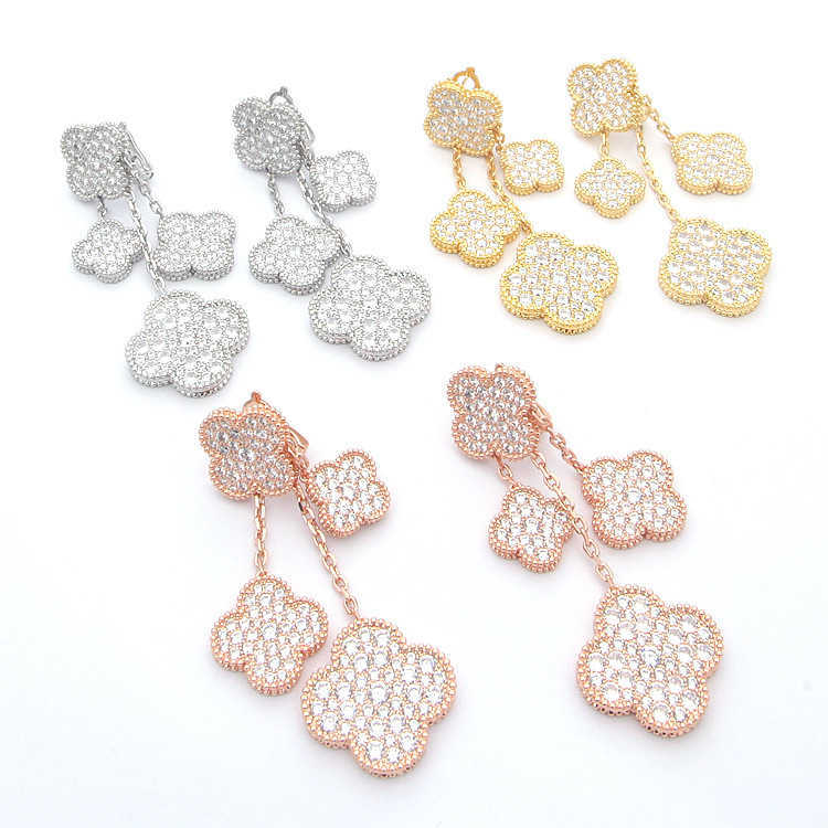 Dangle Chandelier Asian Gold Jewelry 4 Four Leaf Flower Full Diamond Ear Clap Earrings H250306