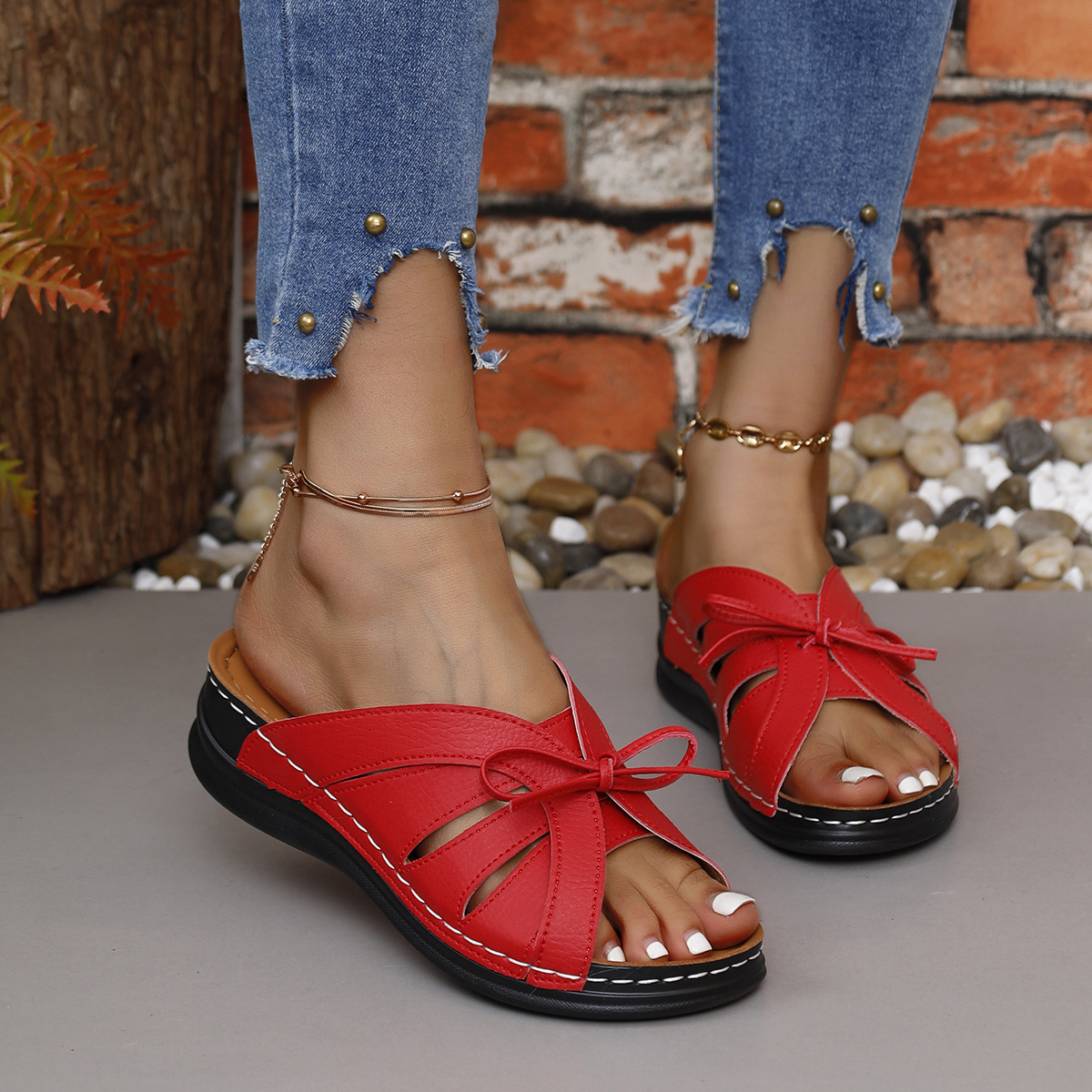 Women's plus size spring/summer 2025 simple sandals flat bottom solid color bow new style #ddmykukumalu