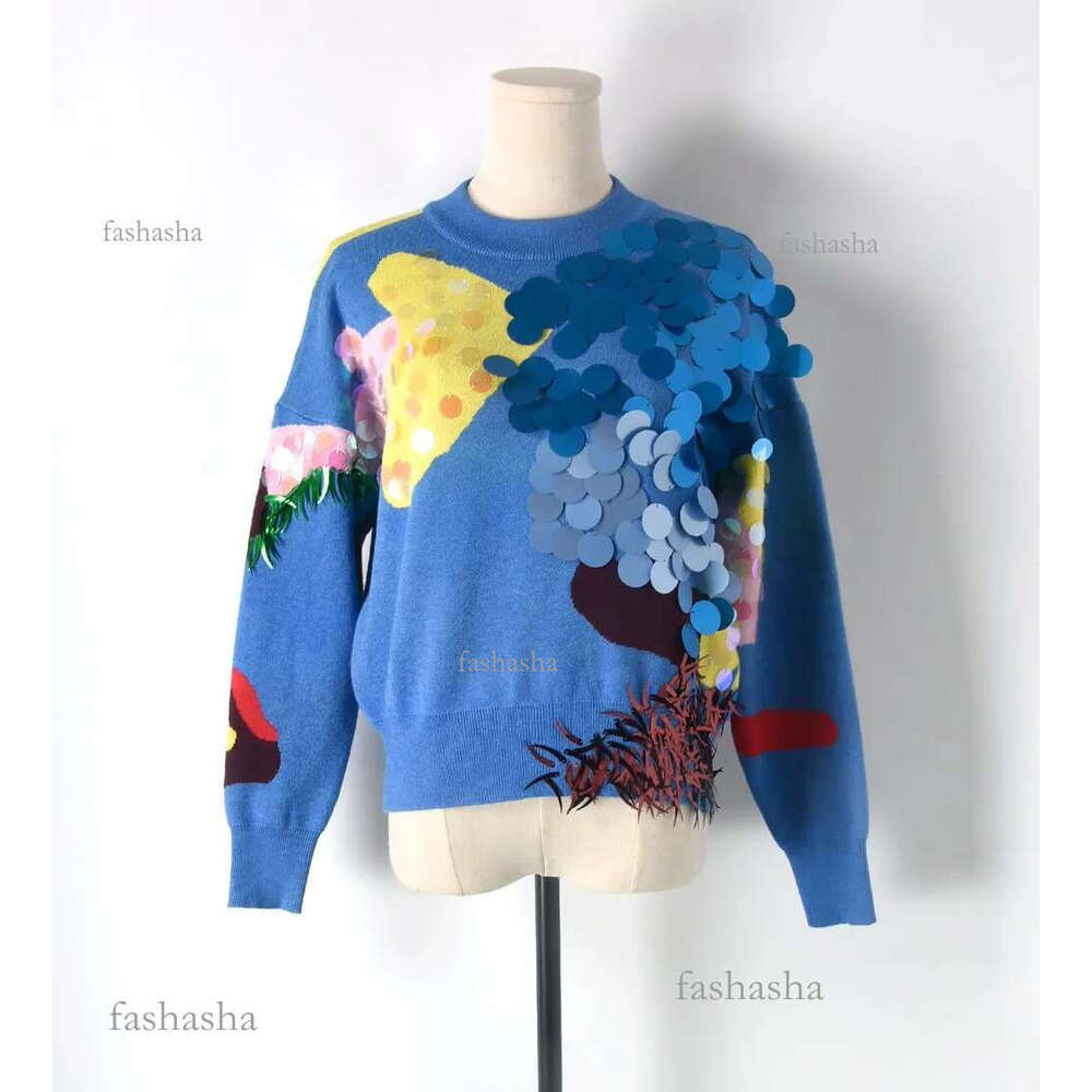 805 2021 Milan Runway Autumn Brand Same Style Sweater Long Sleeve High Quality Blue Sequins Crew Neck Pullover Fashion Clothes Womens M
