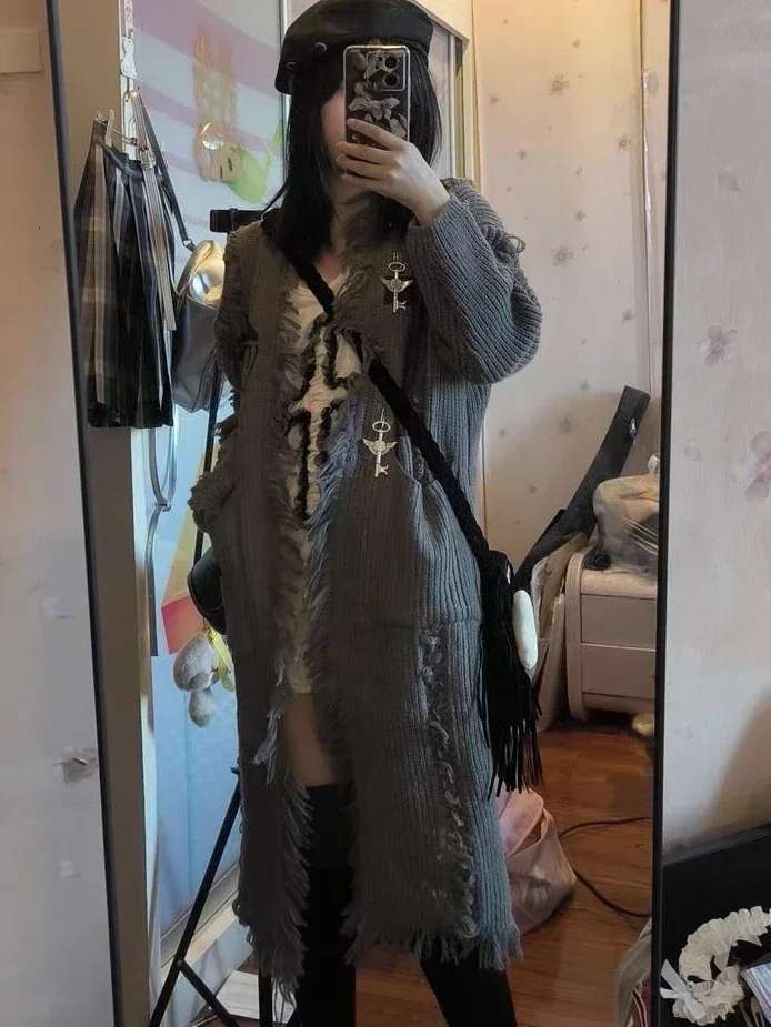 Punk Gothic Cardigan Women Vintage Grunge Loose Ripped Sweaters Cross Knitted Coat Streetwear Haruku Cardigans