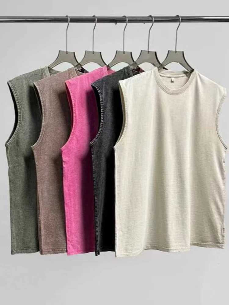 Summer Mens Washed Cotton Tank Tops Muscle Gym Sleeveless Workout T Shirts Running Beach Loose Cutoff TeesT250318