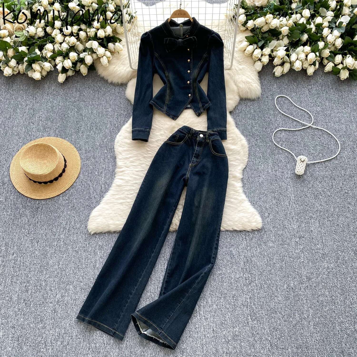 Spring Woman 2025 Sets Long Sleeve Bow Single Breasted Jacket + High Waist Straight Wide Leg Jeans New Denim Suit