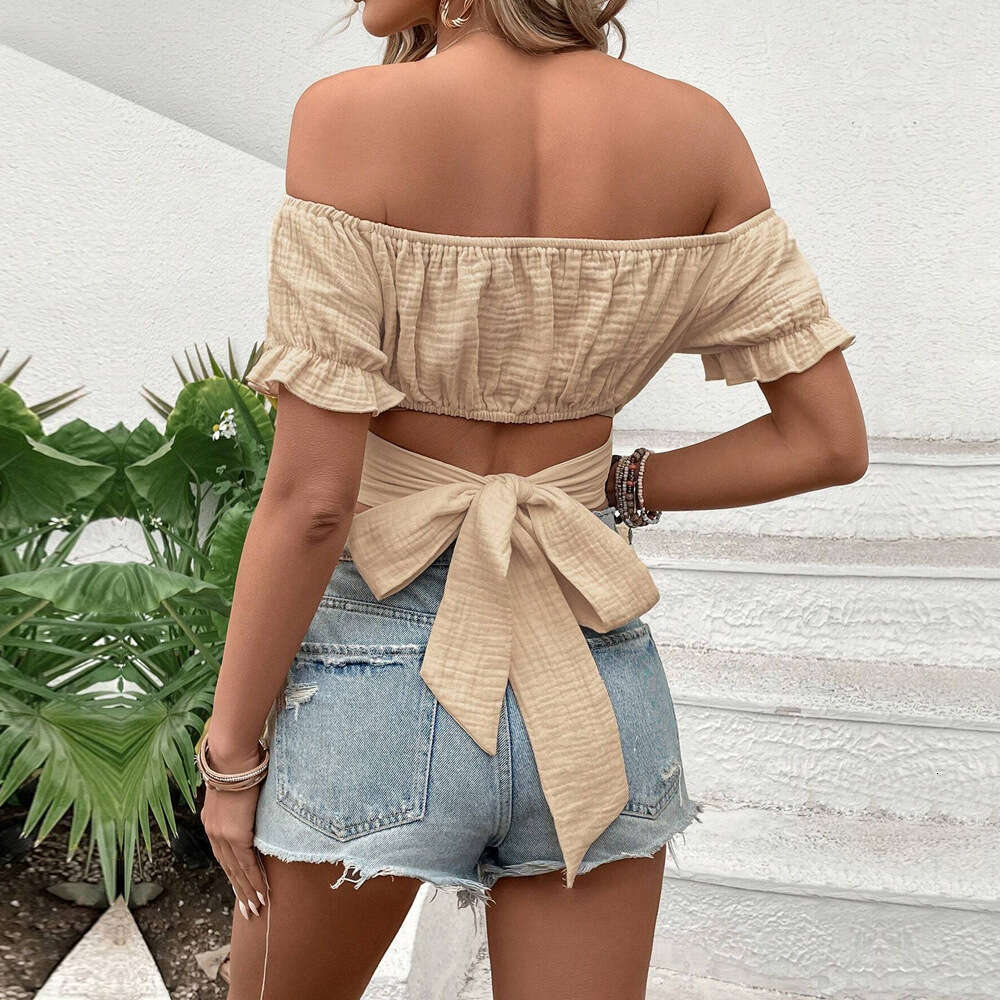 Rooster Collar Bubble Short Sleeved Shirt, Summer New Elegant Style, Waist Cinching Strap, Solid Color Pullover Top KLMY