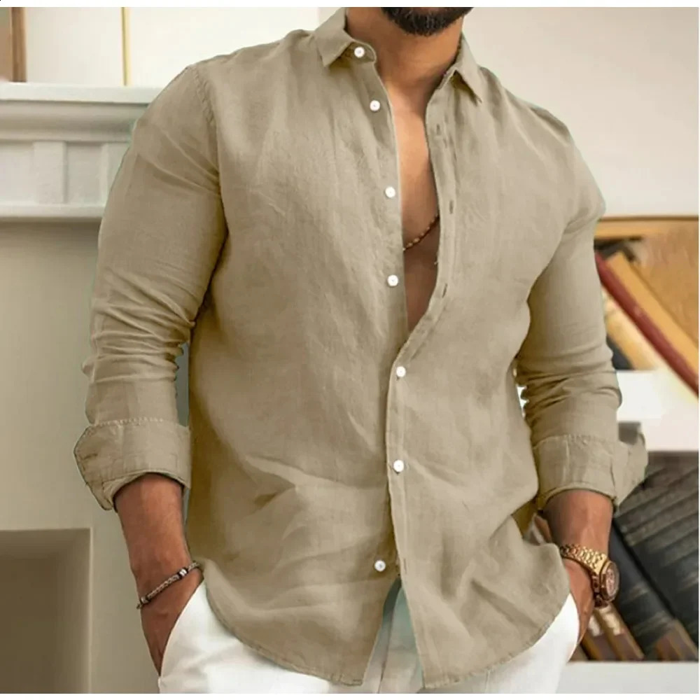 Mens Summer Beach Shirt Linen Button Up Long Sleeve Plain Lapel Spring Casual Daily Clothing 250227Z