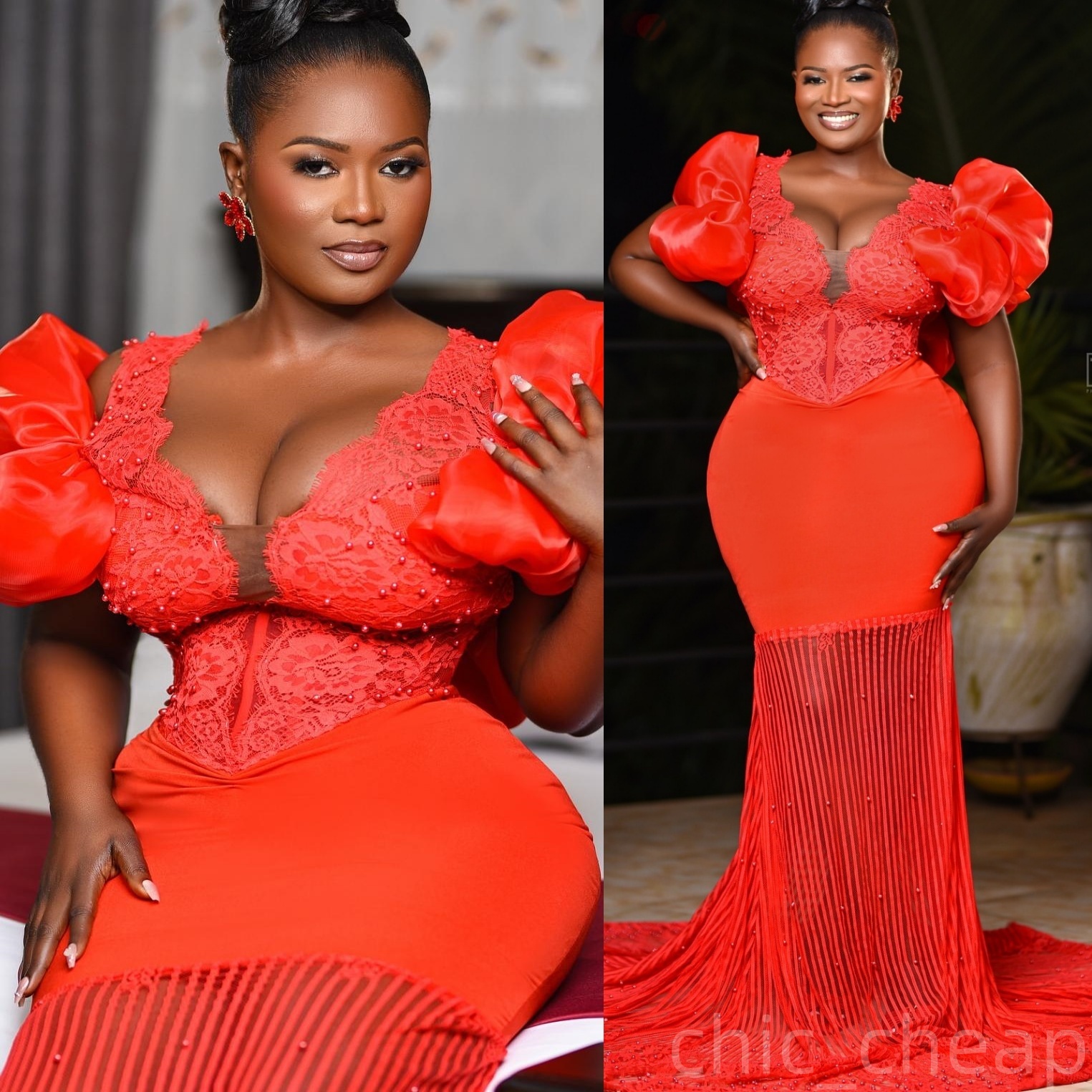 Mermaid Red Prom Dresses 2025 Short leeves Lace Beaded V-neck Evening Formal Party Second Birthday Engagement Gowns Plus Size Dress For Special Occasi