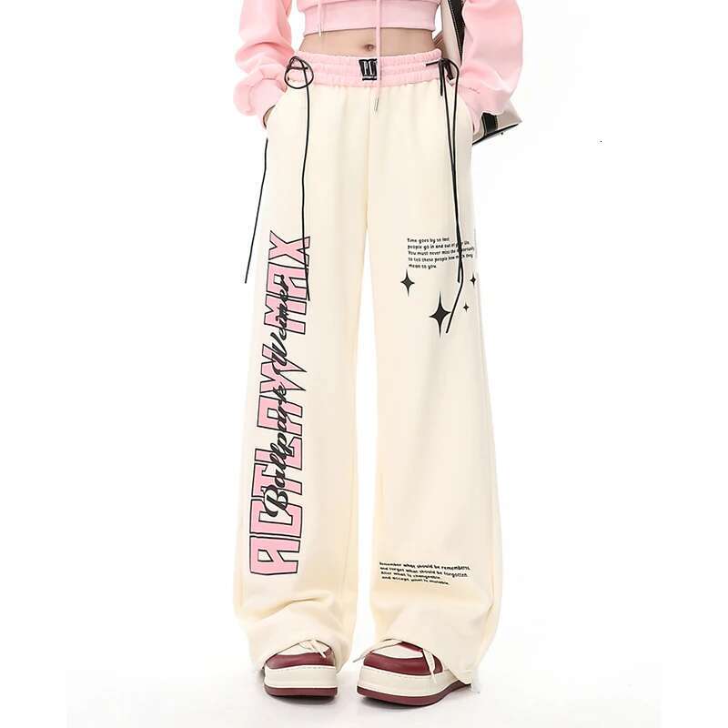 Women Apricot Sweatpants Baggy Y2k Streetwear Graphic Print Jogger Pants Vintage Haruku Wide Straight Trousers Clothes Spring