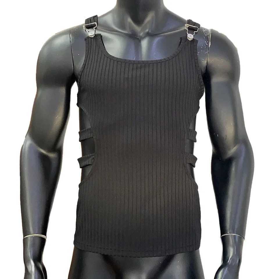 Sexy Cutout Mens Sleeveless Knitted Slim Crop Tops Adjustable Vests Erotic Sweatshirt Hollow Tank T Shirt Muscle Suspender VestT250318
