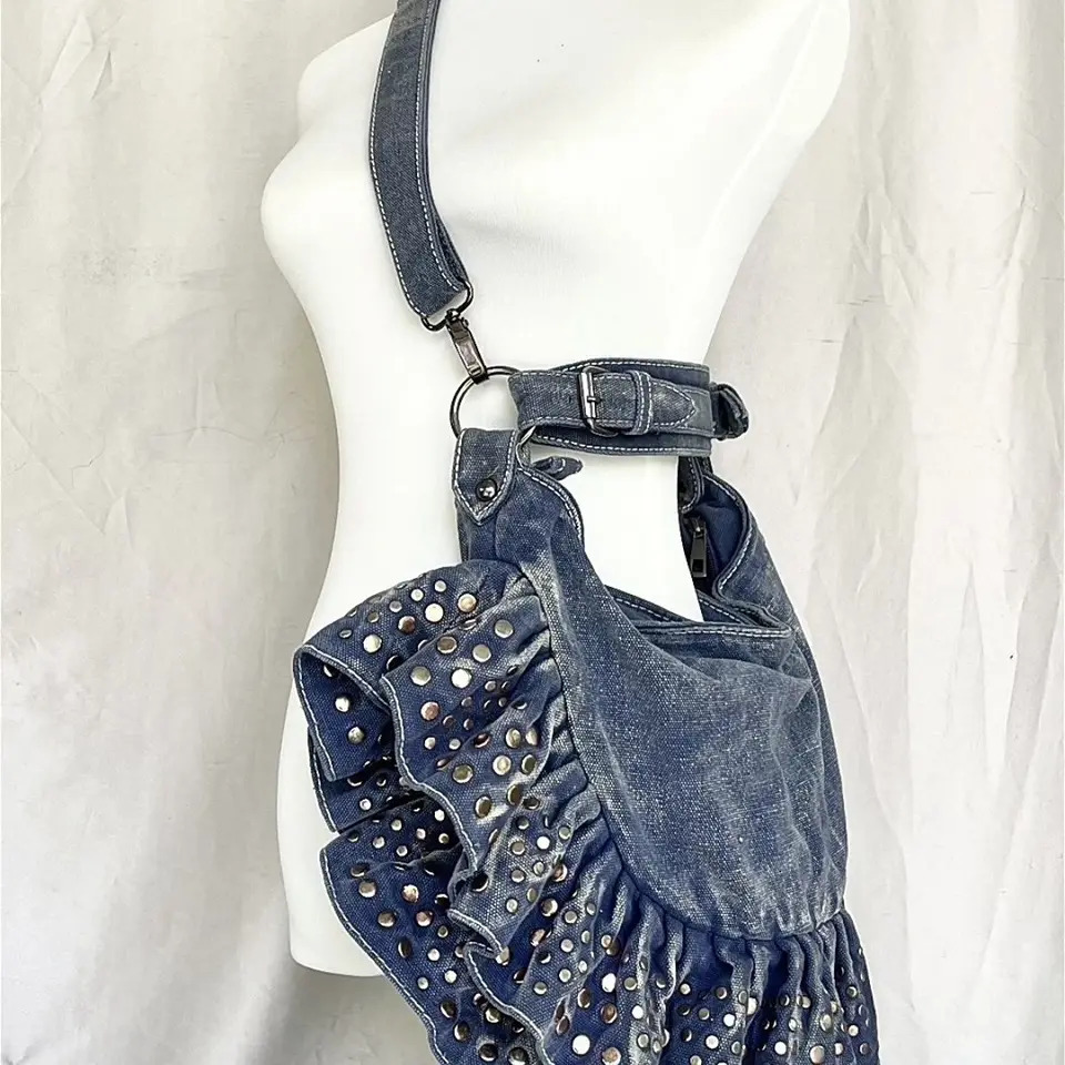 Fashion Hobo Denim Shoulder Bag with Sequin Womens Ruffles Jean Crossbody Bag with Zipper Female Purse Bag in Blue 250306