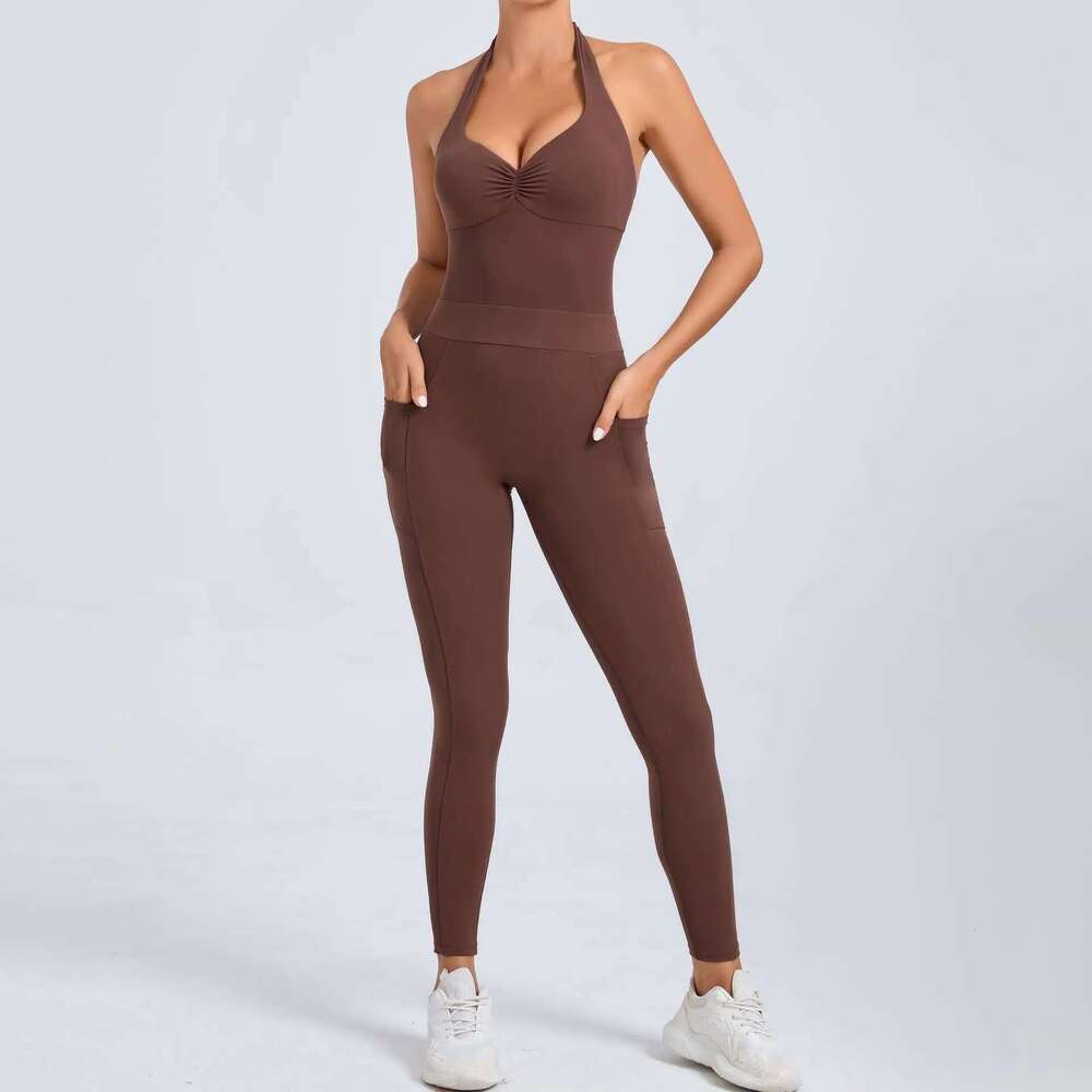 Pad Push Up Sports Pocket Yoga Set Women Sportswear One Piece Jumpsuit Gym Workout Legging Backless Scrunch Fiess Active Suit KLMY