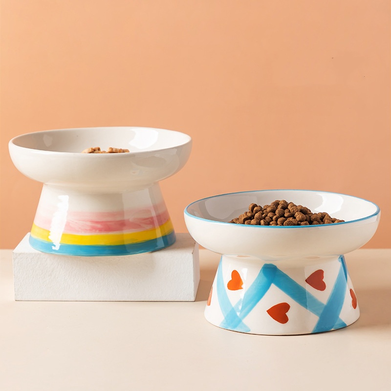 Ceramic Raised Cat Bowl, Tilted Raised Bowl Anti Vomit Cat Bowls for Indoor Cats Whisker Friendly Pet Feeder for Cats Puppies, Microwave and Dishwashe