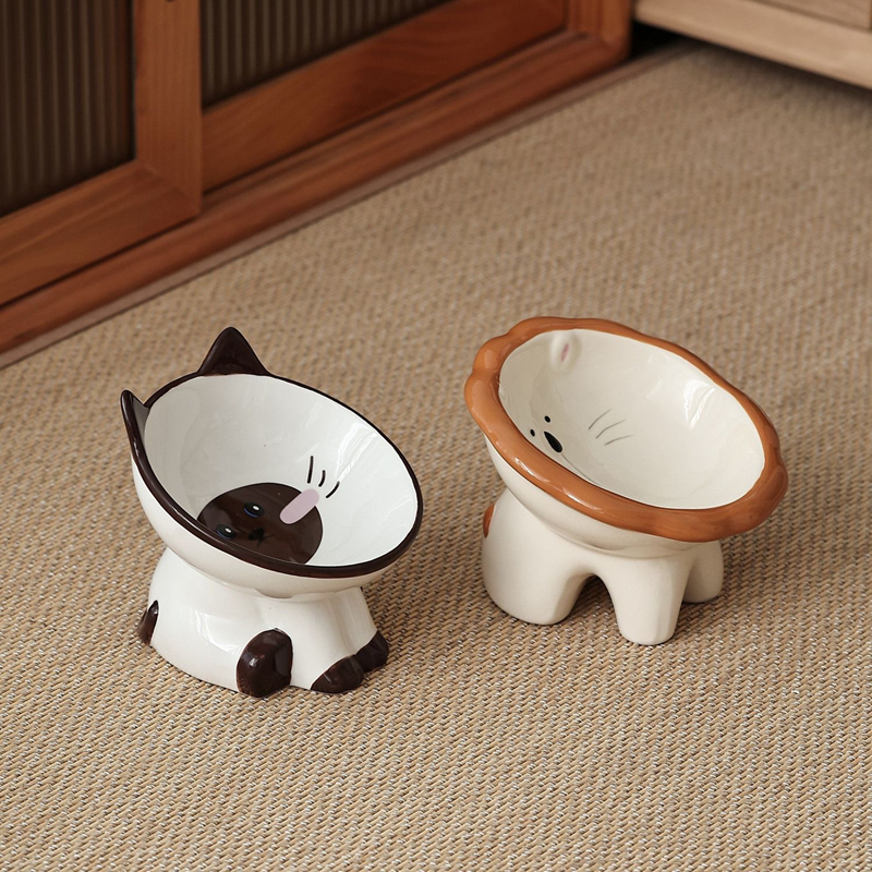 Porcelain Raised Cat Bowl, Cute Little Animals Tilted Cat Food Bowl Elevated Porcelain Pet Bowl Protect Pets Spine, Anti Vomit Prevent Tipping Over J2