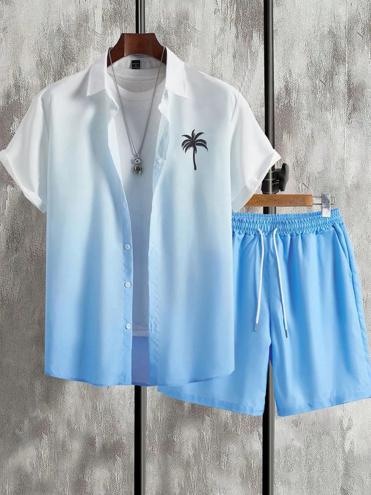 Coconut Tree Print Mens Shirt Gradient Short Sleeve And Beach Shorts Sets Summer Casual Loose Shirts Hawaiian Style Man Outfit 250305