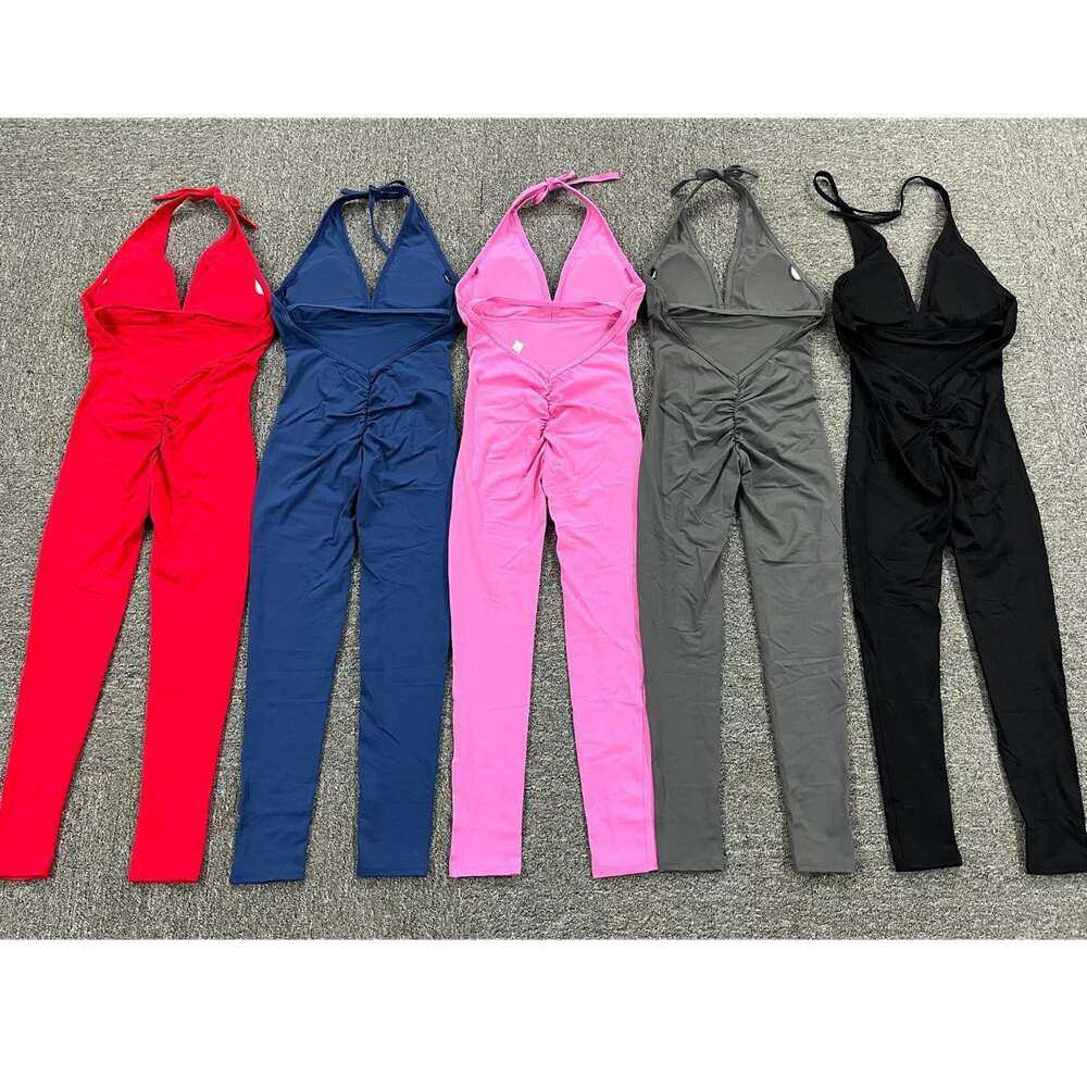 New Pad Nylon V Back One Piece Jumpsuit Skinny Yoga Set Scrunch Pant Breathable Women Wrinkle Peach Hip Exercise Workout Active KLMY