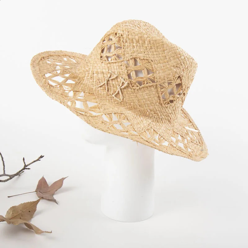 er Series Letter Raffia Straw Hat with Pointed Hollow Sunshade Straw Beach Sun Hat 250303