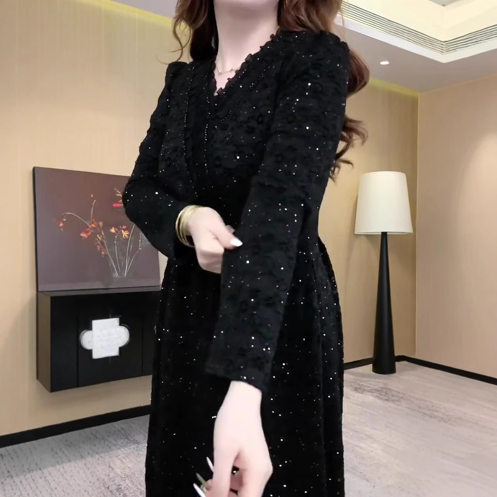 M1409 New Light Luxury Celebrity Shining Luxury Temperament Casual Long Sleeve Lace Dress Dress Large Size Women's Clothing
