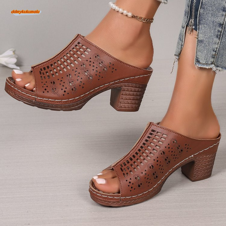 Printed Hollow Middle Heel Height Increasing Wind Fish Mouth Beach Sandals 2025 Summer New Shake Line Shoes #ddmykukumalu