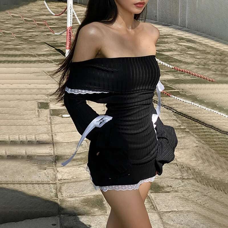 Strapless Sexy Black Dress Women Autumn Off Shoulder Long Sleeves Lace Knitting Bandage Mini Dresses Slim Elegant Club Partywear KLMY