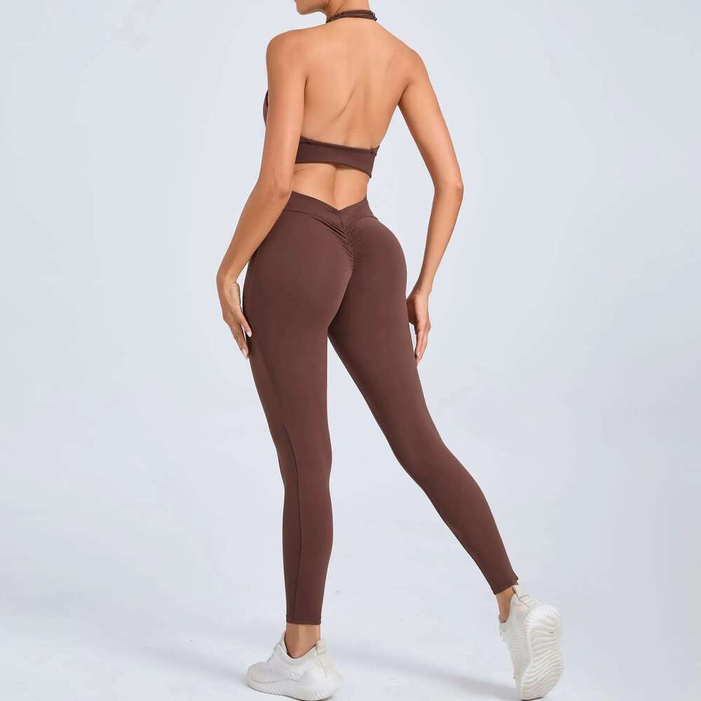 Pad Push Up Sports Pocket Yoga Set Women Sportswear One Piece Jumpsuit Gym Workout Legging Backless Scrunch Fiess Active Suit KLMY