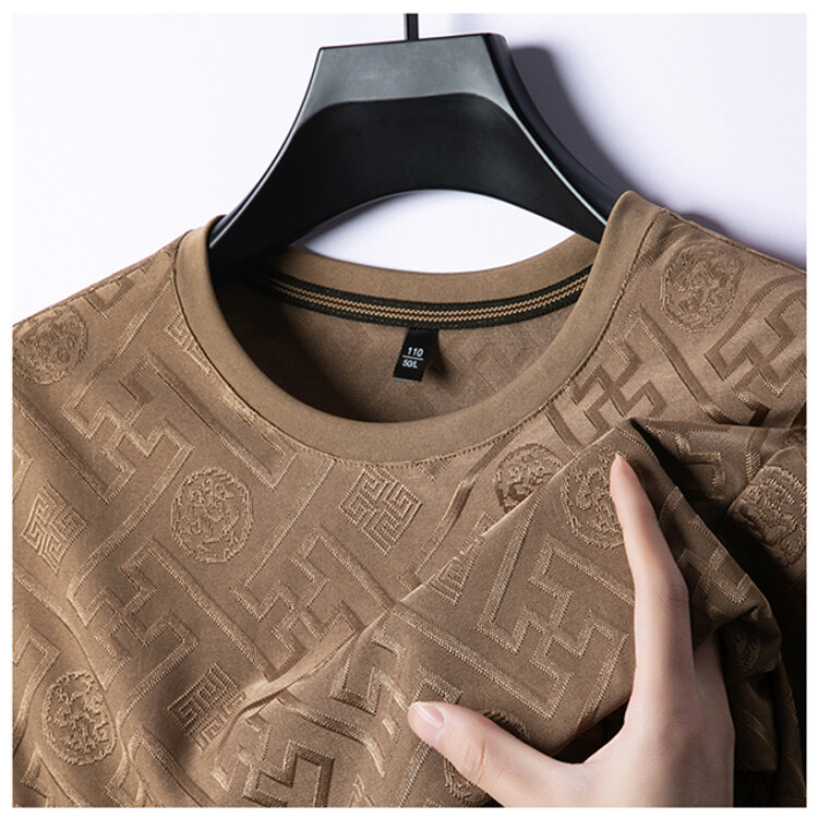 Men's T-shirt Ice Silk Jacquard Crew Neck Teal Color For Temperament Retro Pattern Lightweight Breathable Clothing Daily Outfit