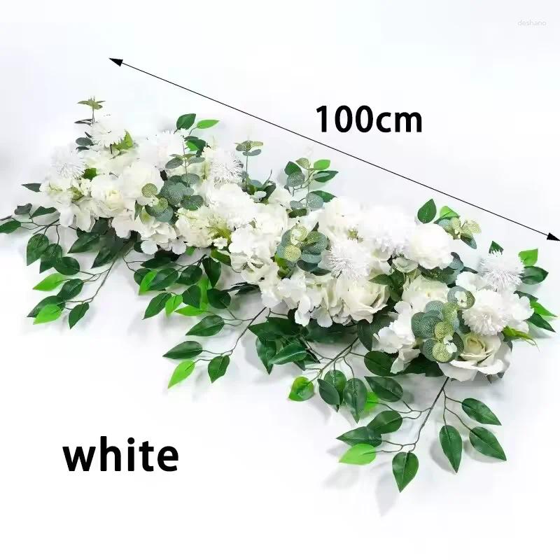 Decorative Flowers 100cm Luxury White Rose Artificial Flower Row Wedding Table Centerpiece Backdrop Wall Arches Decor Party Stage Floral