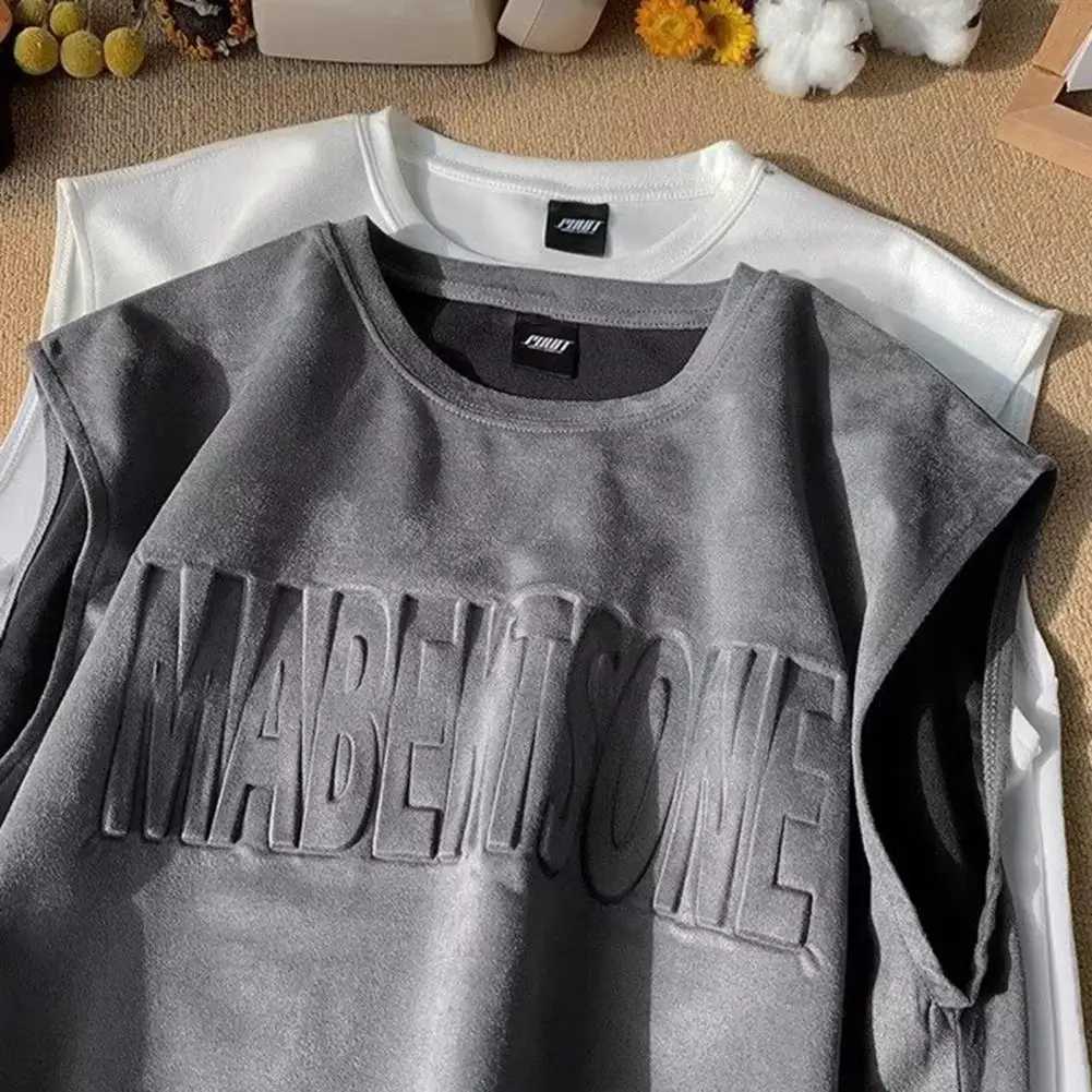 Men Tank Tops For Summer Solid Color O-neck Sleeveless Suede Vest Letter Pattern Pullover Tops Wide Shoulder Straps Male VestT250318