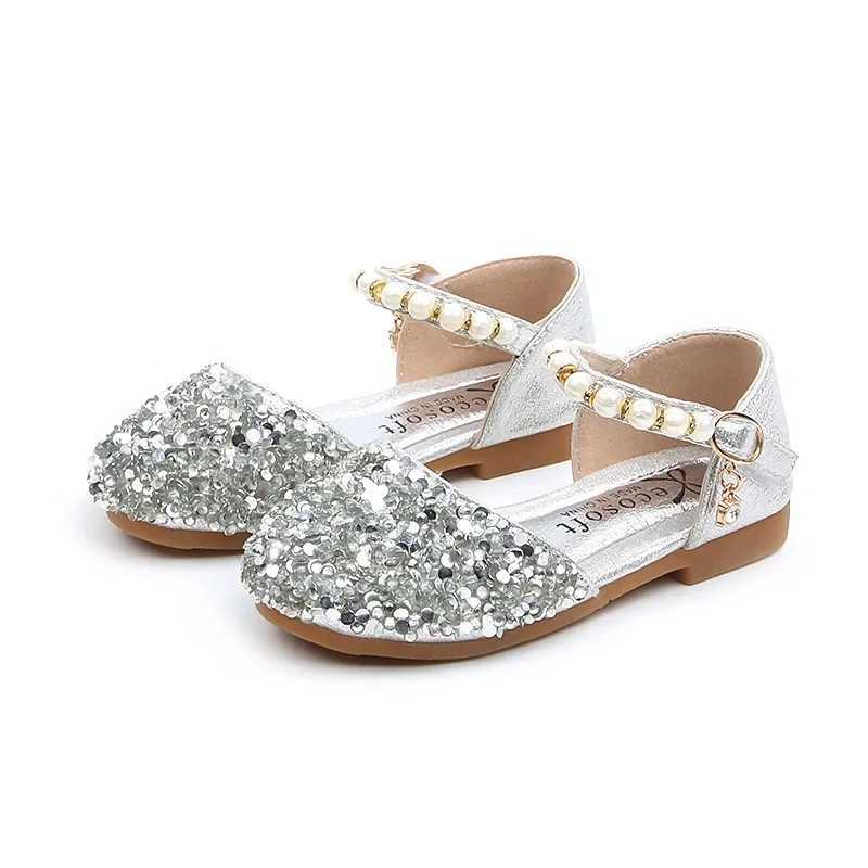Summer Girls Shoes Bead Mary Janes Flats Fling Princess Shoes Baby Dance Shoes Kids Sandals Children Wedding Shoes GoldT250306