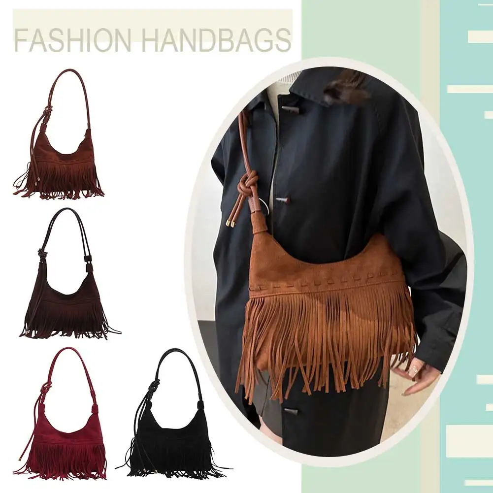 Vintage Fringe Crossbody Bag Fashion Suede Handbag Trendy Tassel Crescent Bag for Women Work Shopping Travel Winter Fall 250306