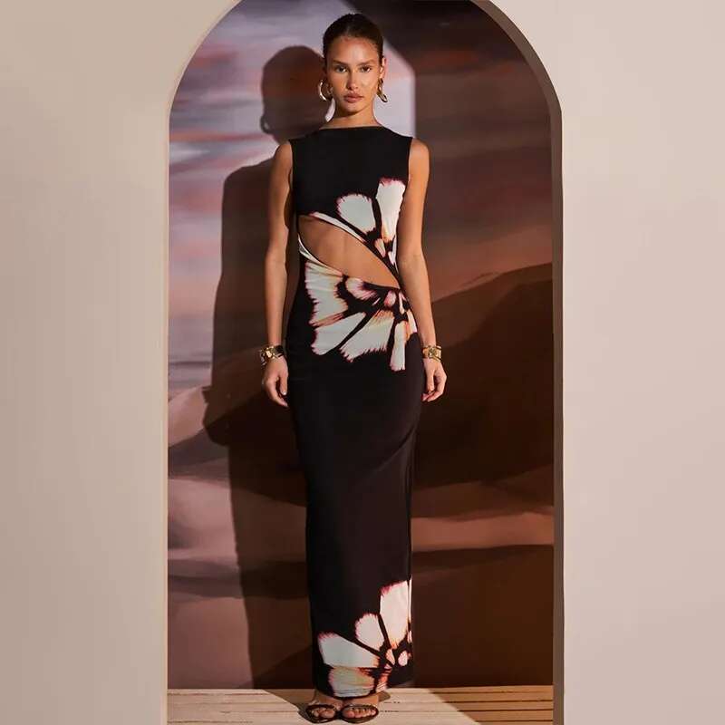 Summer Sexy Maxi For Women Streetwear Fashion Print Hollow Out Sleeveless New Slim Dress Casual Club Elegant Party Dresses KLMY