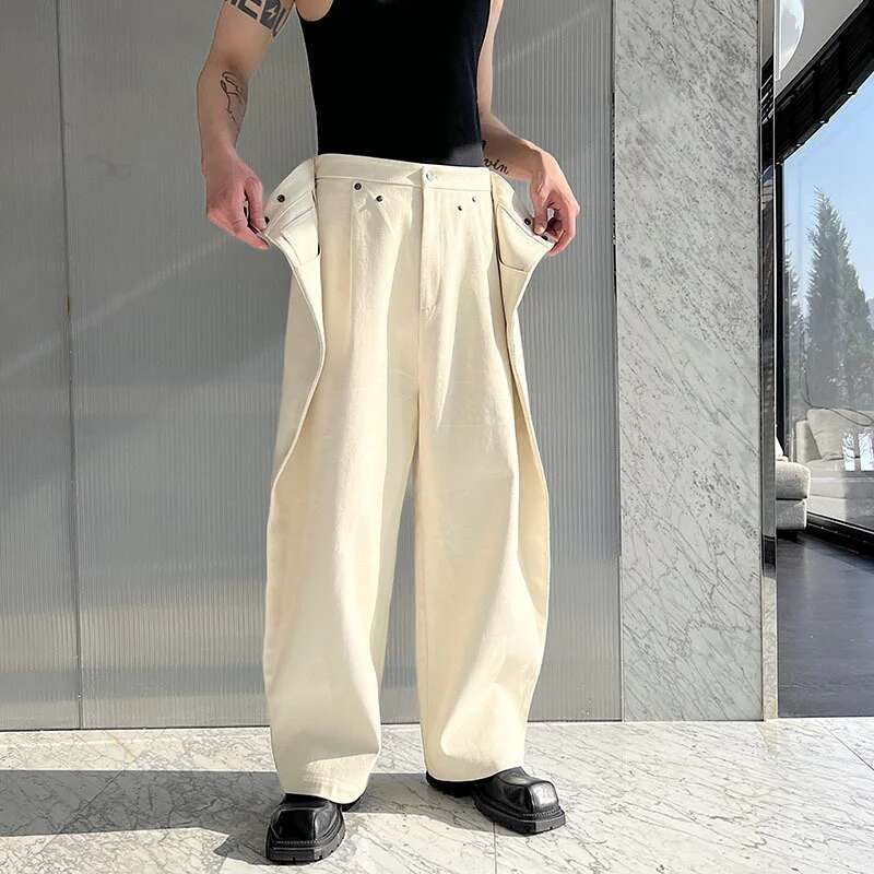 IEFB Men's Trousers Cut Loose Wide Leg Jeans New Solid Color Patchwork Baggy Denim Pants Korean Fashion Street 9A7433