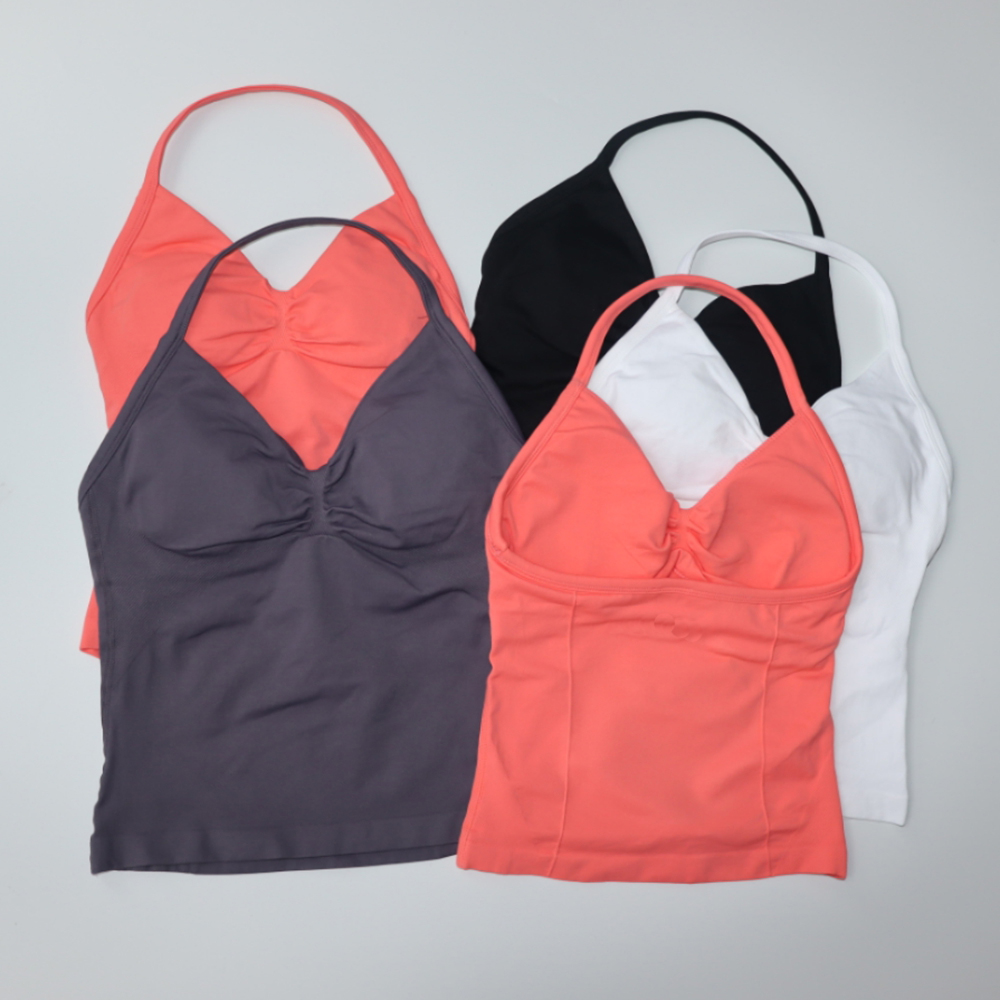 New Longline Strappy Top Sports Vest Women Seamless Yoga Tank Tops Ruched Backless Gym Clothes Workout Sleeveless Shirts With Chest Padded Outfit Bra