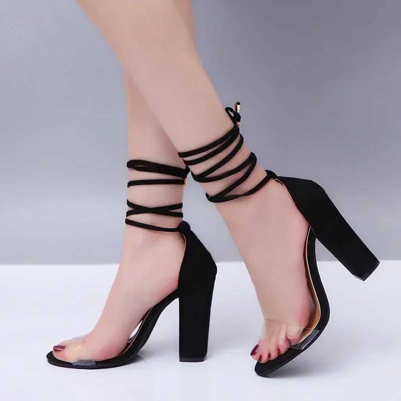 Summer Chunky High Heel Wen Sandals Sexy Transparent Tape Ankle Strap Winding Sandalia Club Party Shoes Cross tied Sandal Y250306
