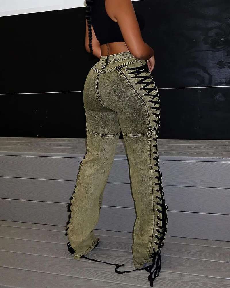 Fashion New Women's Fashion Lace-Up Drawstring Spice Girl Jeans And Pants Women Jeans Denim Straight Pants Spliced Patchwork