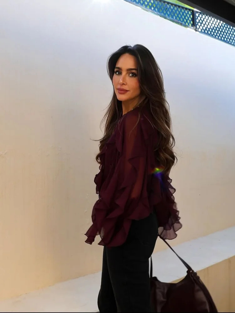 Fashionable womens multilayer pleated shirt sexy See Through Vneck long sleeved single chest Tshirt Spring solid top 250306