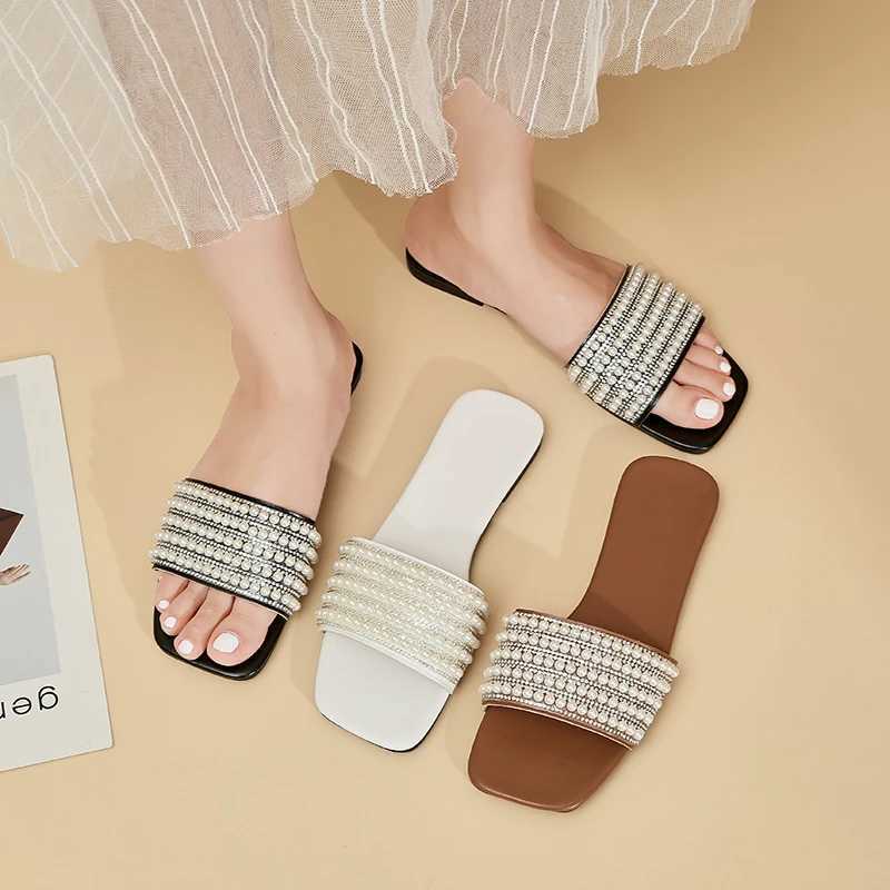 GDQQ Wen Luxury Pearl Slippers 2024 Summer Square Toe Flats Slides Sandals Wan Cfortable N Slip Beach Flip Flops Big Y250306