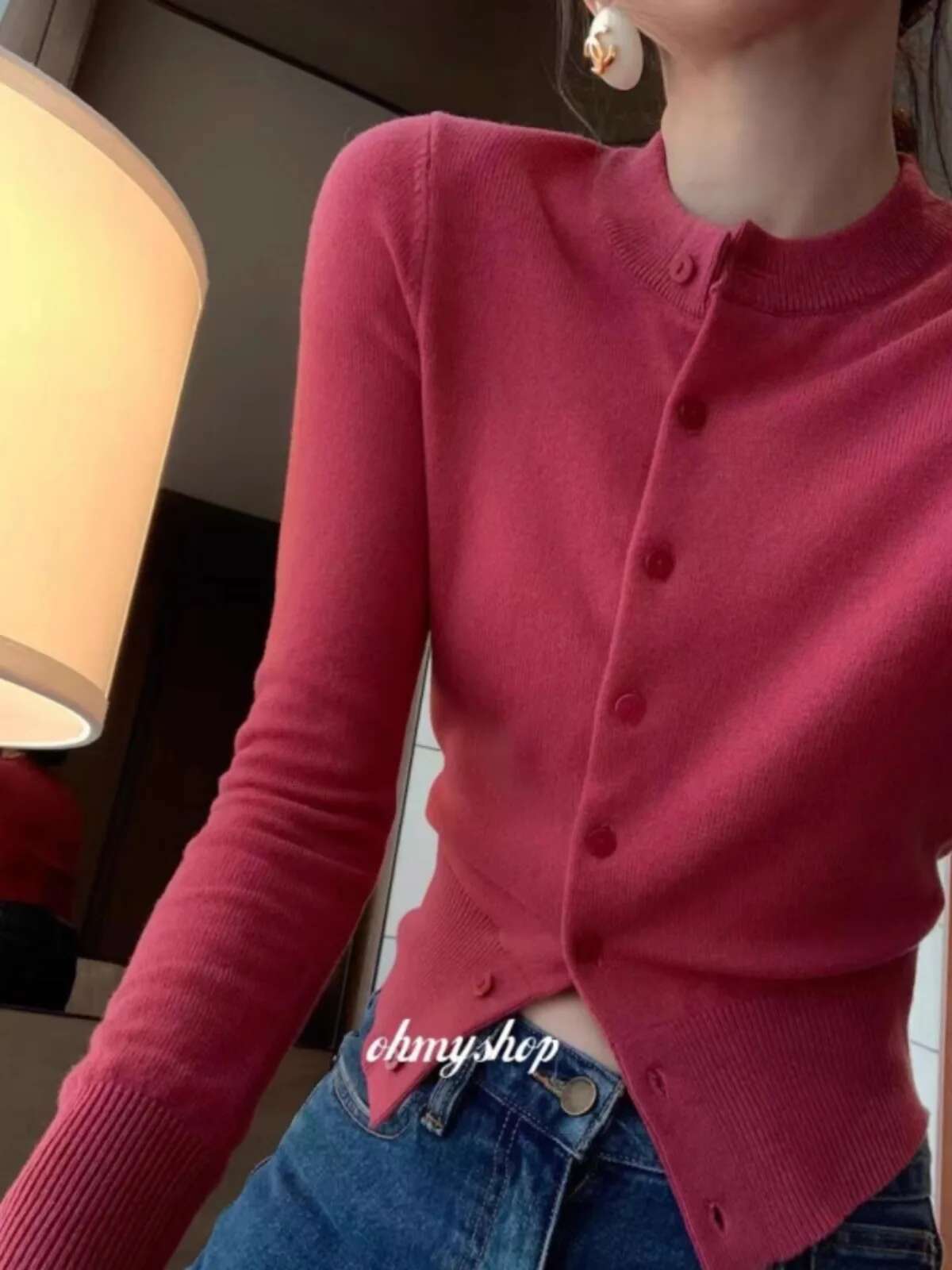 Slim Slim Round Neck Cashmere Knit Cardigan Women's Spring And Autumn Thin Short Sweater Wool Base Coat