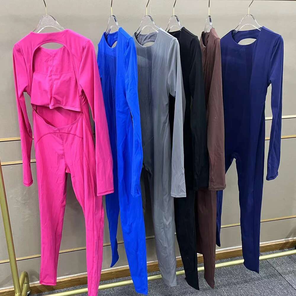 Pad Backless One Piece Jumpsuit Gym Set Women Training Yoga Suit Sports Long Sleeves Fiess Rompers Legging Workout Bodysuits KLMY