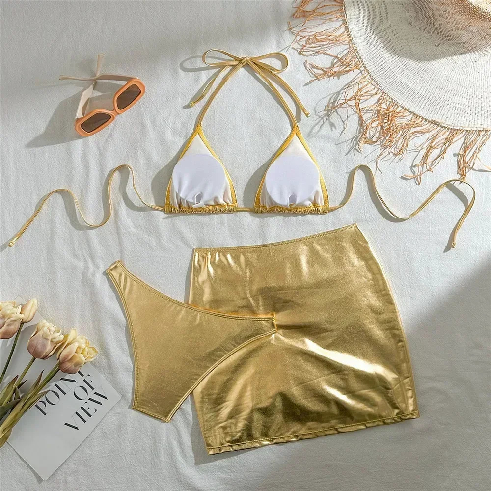 Gold Micro Thong String 3 Piece Bikini Set Womens Halter Swimwear Skirts Cover Ups Sexy Swimsuit Women Bathing Suit Bikinis 250306