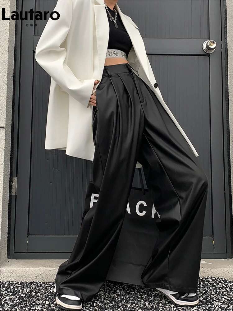 Lautaro Spring Autumn Loose Casual Wy Soft Black Brown Pu Leather Wide Leg Pants For Women High Waist Emo Korean Fashion 2023