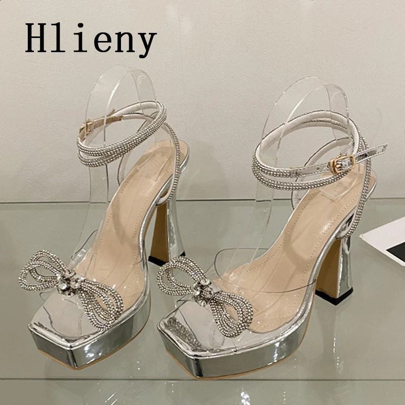 Hlieny 2025 Sexy PVC Transparency Sandals High Heels Women Pumps Fashion Bowknot Crystal Square Toe Platform Prom Shoes 250305