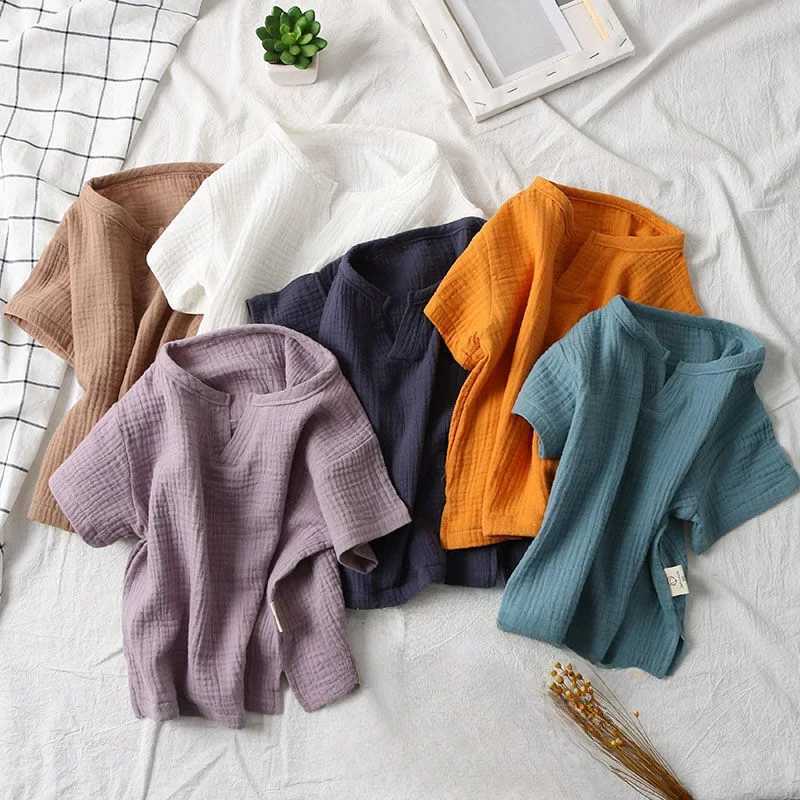 Childrens Clothing T-Shirt Kids Clothes Boys Girls Summer Solid Tops Short Sleeve Clothes 100% Cotton Muslin Baby ClothingT250306