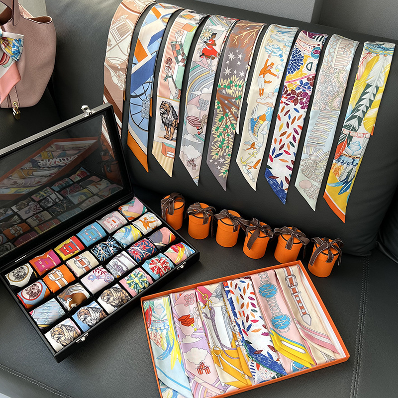 High quality H Designer ribbon Scarf Twill Long and Narrow Binding Wrap Handle 100% Silk Tie Neck Small Ribbon