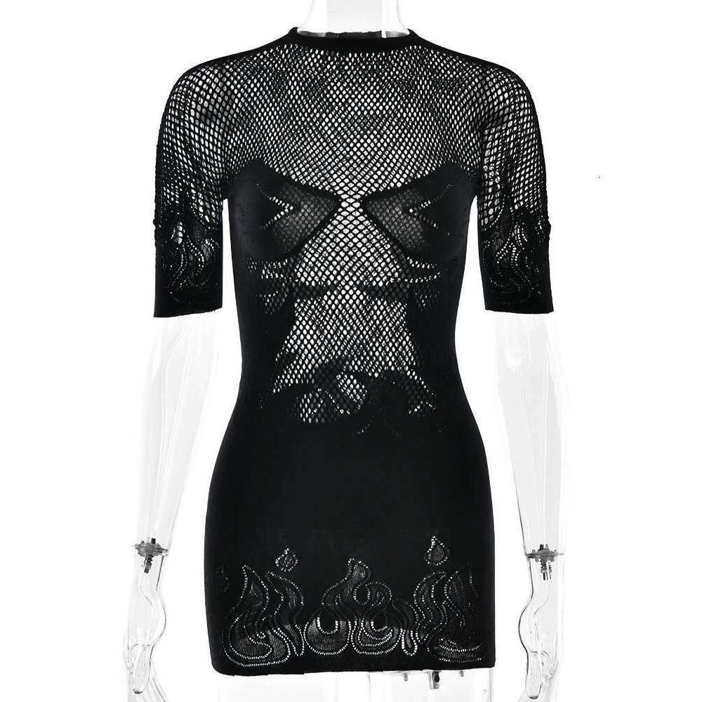Sibybo Basics Solid Color Sheer Mini Dress For Women Fashion Round Neck Short Sleeve High Stretch Bodycon Dresses Sexy Party KLMY