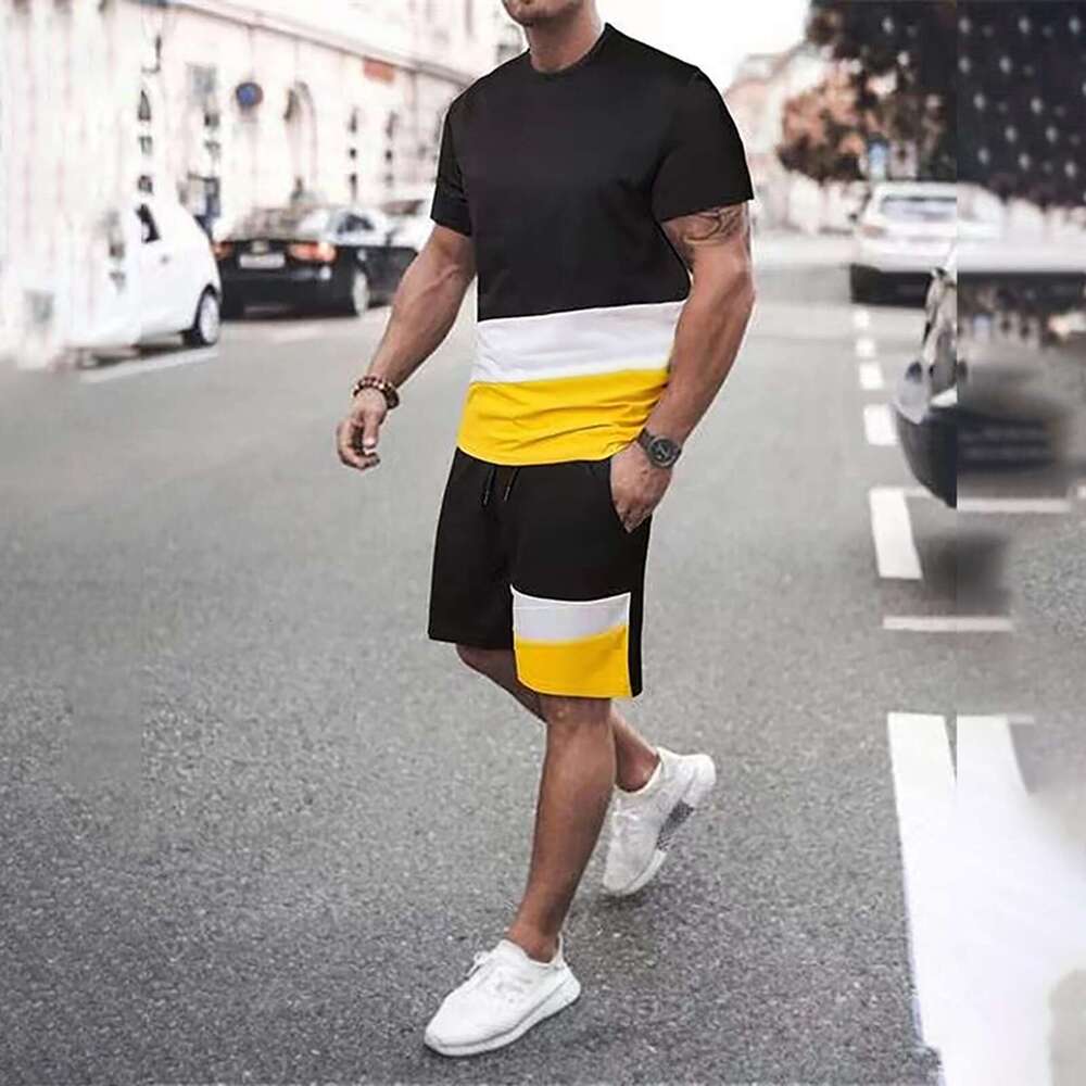 Summer Color blocked Short for Men's Ins Trendy Loose Couple Half sleeved T-shirt Top Set 2025 New Casual Versatile Fashion Clothing