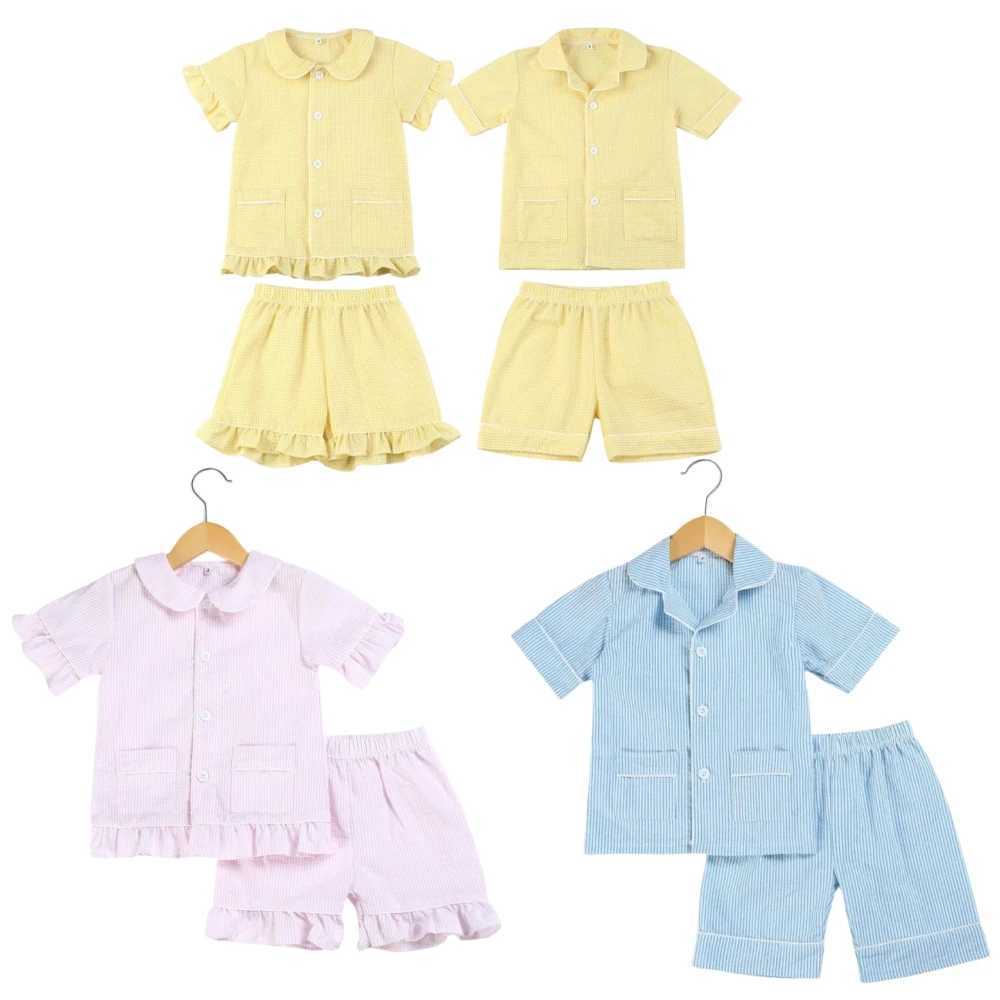 1-12 Years Kids Pajamas 100% Cotton Plaid Seersucker Soft Sibling Outfits Pjs Loungewear Baby Boys Girls Pajamas Sets M250306