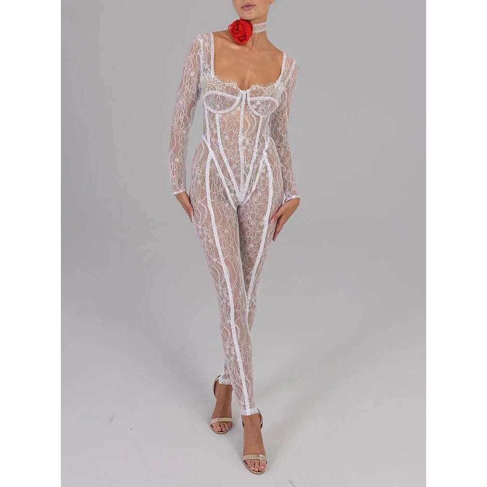 Sibybo Long Sleeve Lace Jumpsuits Basics Square Collar Skinny Leggings Casual Solid Color Taped Rompers Fall Women Clothing KLMY