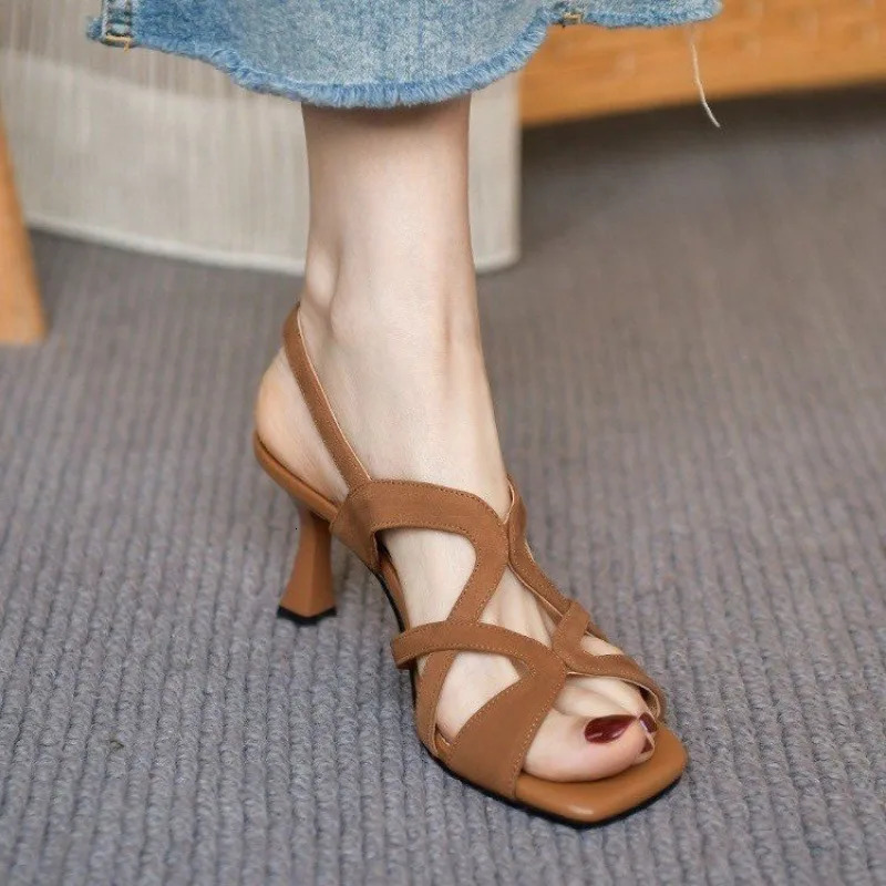 Cross Hollow Slingbacks Shoes Woman Peep Toe Sandals Womens Summer Black Thin High Heels Gold Heeled Roman Sandalias 250306